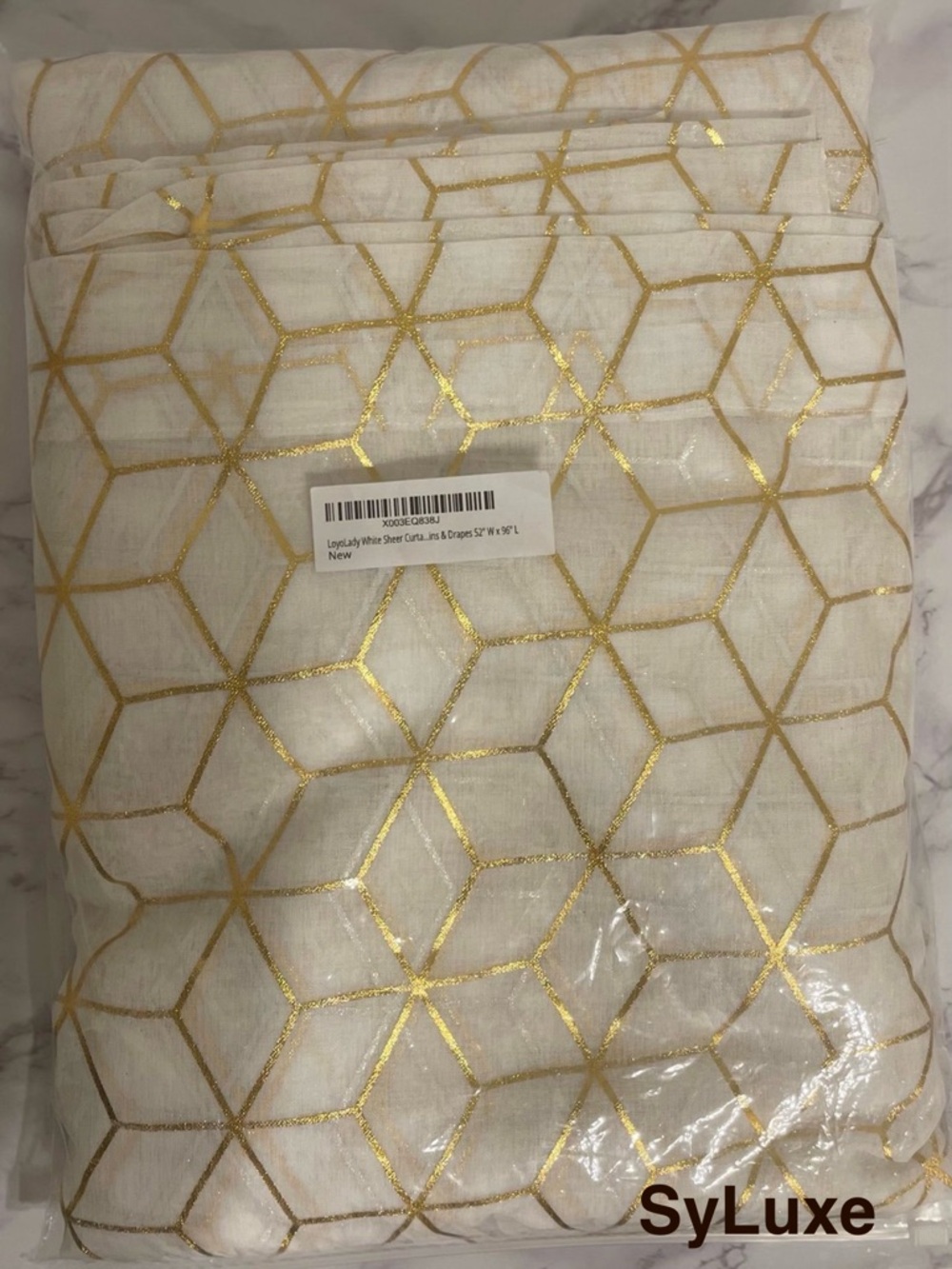 White Sheer Panel with Gold Geometric Foil Pattern